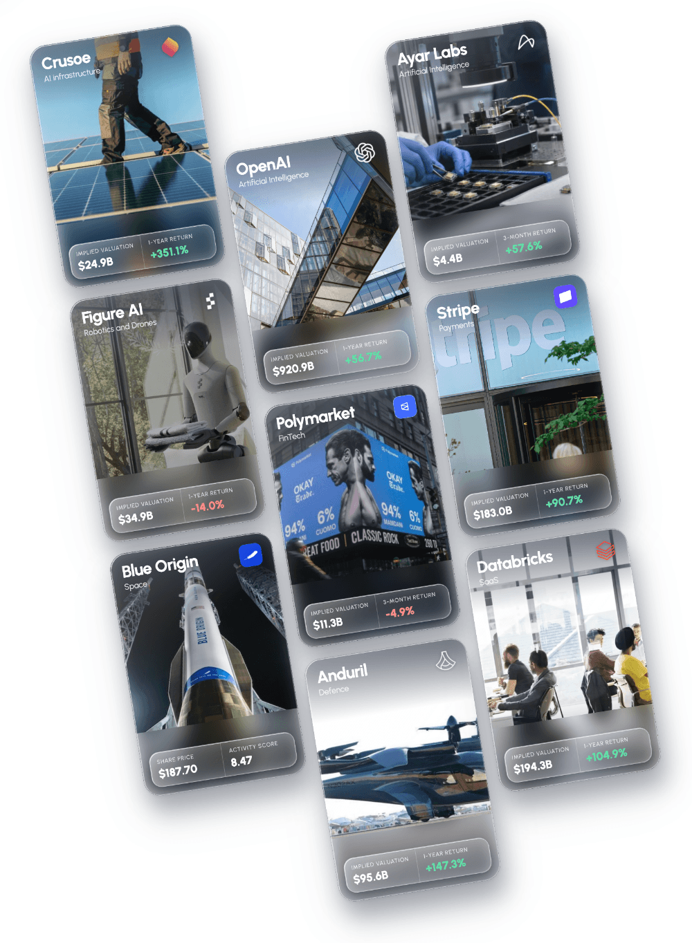 LBX Pro company cards: Crusoe, Ayar Labs, OpenAI, Figure AI, Stripe, Polymarket, Blue Origin, Anduril and Databricks