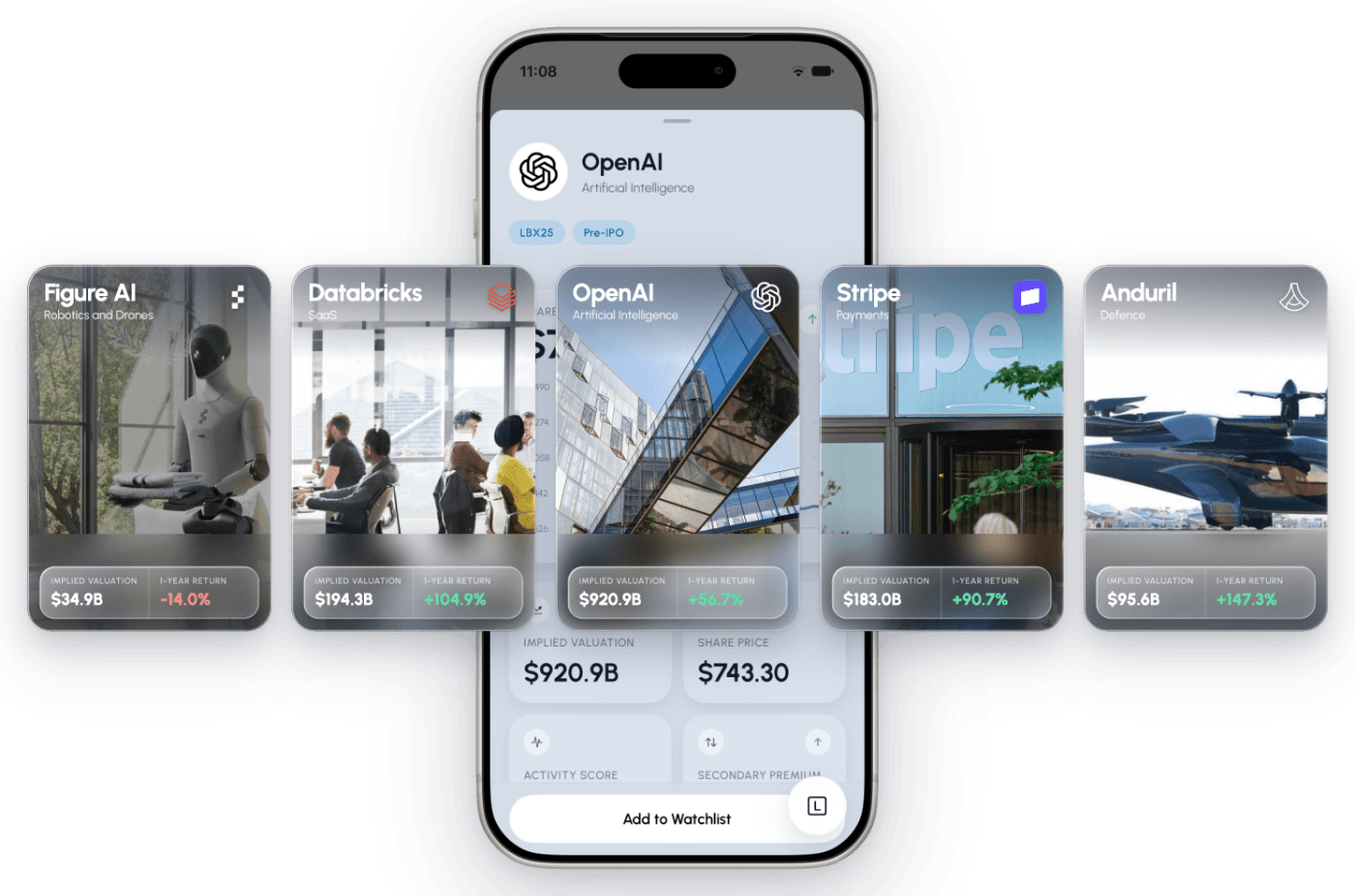 The LBX Pro app showing OpenAI alongside company cards for Figure AI, Databricks, Stripe and Anduril